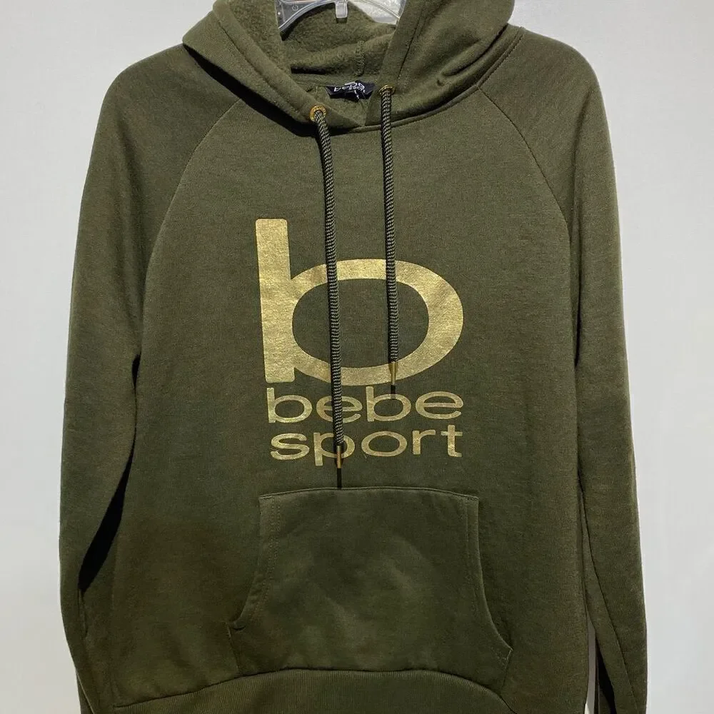 Bebe Sport Women's Green Gold Graphic Logo‎ Pullover Hoodie Size Medium